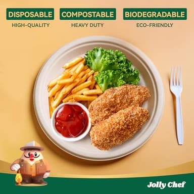 JOLLY CHEF Compostable Heavy Duty Plates 𝟭𝟬 𝗜𝗻𝗰𝗵 [𝟯𝟬𝟬 𝗣𝗮𝗰𝗸] Eco-Friendly Disposable Paper Plates Made of Bagasse Biodegradable Bulk for Party Dinner Sugarcane Fibers Round (Natural) - Image 3
