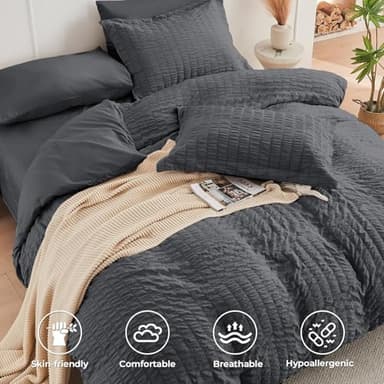 HYMOKEGE 7 Piece King Size Comforter Set Seersucker, All Season Luxury Bed in a Bag for Bedroom, Bedding Set with Comforters, Sheets, Pillowcases & Shams, Dark Grey - Image 3
