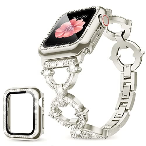 Mesime Compatible with Apple Watch Band 38mm 40mm 41mm 42mm 44mm 45mm , Women Girl Bling Diamond Jewelry Metal Strap Bands with Crystal Tempered Glass Screen Protector Case, Round Shiny Bracelet - Image 1