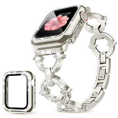 Mesime Compatible with Apple Watch Band 38mm 40mm 41mm 42mm 44mm 45mm , Women Girl Bling Diamond Jewelry Metal Strap Bands with Crystal Tempered Glass Screen Protector Case, Round Shiny Bracelet - Image 1
