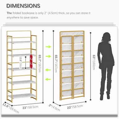 4NM No-Assembly 5 Tiers Folding Bookshelf Storage Shelves Vintage Bookcase Standing Racks Study Organizer Home Office (White Gold) - Image 2