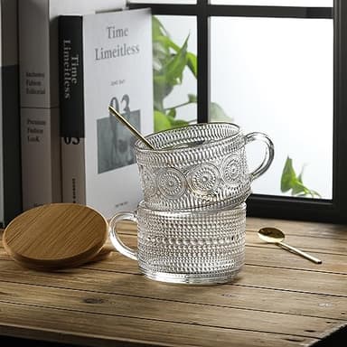 LANDNEOO 12pcs Set Irish Coffee Glasses, Vintage Coffee Mugs, Overnight Oats Containers with Bamboo Lids and Spoons - 14oz Clear Embossed Glass Cups, Cute Coffee Bar Accessories, Iced Coffee Glasses - Image 7