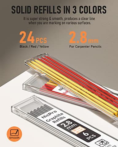 Nicpro 2Pack Carpenter Pencil with Sharpener, Mechanical Carpenter Pencils with 26 Refills (Red, Black, Yellow), Heavy Duty Construction Pencil, Woodworking Pencils for Architect - Image 4