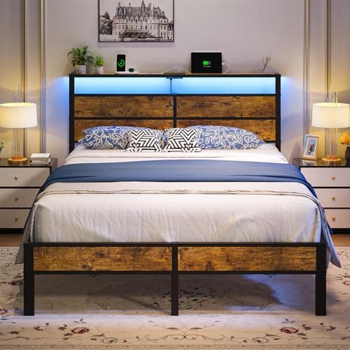 Liians Full Metal Bed Frame with USB Charging Station, Headboard Storage, LED Lights, Noise-Free Design, No Box Spring Needed - Image 1