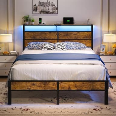 Liians Full Metal Bed Frame with USB Charging Station, Headboard Storage, LED Lights, Noise-Free Design, No Box Spring Needed - Image 1