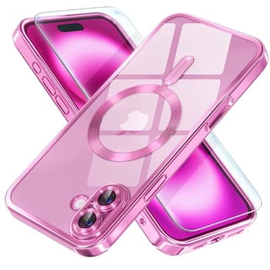 Misea Magnetic for iPhone 16 Case Compatible with MagSafe [Never Yellowing] [Military Grade Drop Protection] Full Camera Lens Protector Plating Soft Clear Phone Case for Women 6.1 inch, Hot Pink - Image 1
