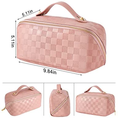 ALEXTINA Travel Makeup Bag, Vegan Leather Large Capacity Cosmetic Bags for Women,Waterproof Portable Pouch Open Flat Toiletry Bag Makeup Bag Organizer with Fixed Divider, Pink - Image 5