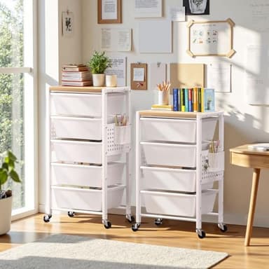 Rolling Cart with 5 Drawers, Plastic Drawer Storage Carts with Lockable Wheels & Wooden Tabletop, Metal Utility Cart with Pegboards, Office Living Room Classroom Craft Organization and Storage, White - Image 2