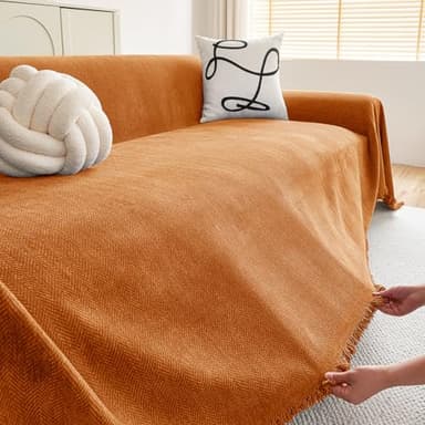 hyha Couch Cover for Dogs, Boho Sofa Covers for 3 Cushion Couch Washable, Chenille Sofa Slipcover for Pets, Soft Loveseat Sectional Couch Throw Blankets with Tassels (Orange, 88.5x150 Inch) - Image 5