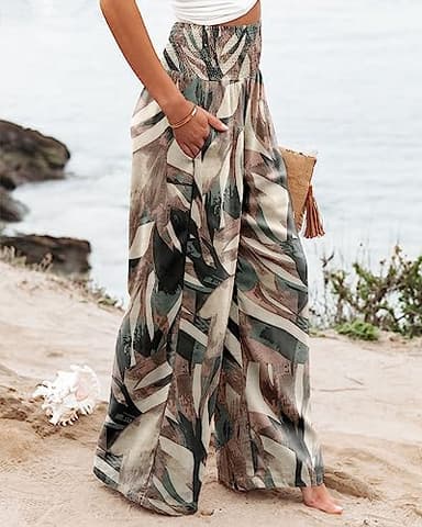 Angerella Women's Loose Fit Palazzo Pants for Work Casual High Waist Stretchy Wide-Leg Trousers with Pockets BrownGreen XL - Image 4