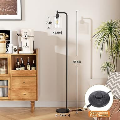 Industrial Floor Lamp with Glass Shade - Black, LED Bulbs, Foot Pedal Switch, Easy Assembly - Image 7