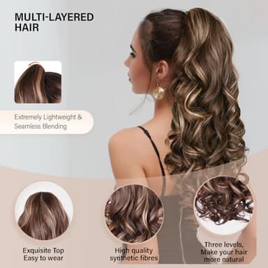 24 Inch Ponytail Extension, Clip on Ponytails for Women, Long Curly Wavy Ponytail Extensions for Women, Synthetic Layered Pony Tails Hair Extensions (Color: Chestnut Brown With Golden Highlights) - Image 3
