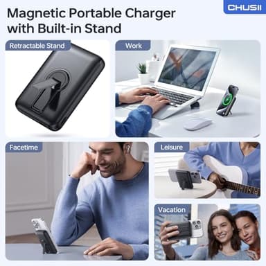 for Magsafe Portable Charger, 12000mAh Wireless Magnetic Power Bank with Stand and USB C in/Out Fast Charging, for Magsafe Battery Pack Compatible with iPhone 15/14/13/12 Pro/Pro Max Series-Black - Image 5