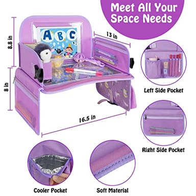 MENZOKE Car Seat Tray for Kids Travel, Kids Travel Tray with Educational Drawing Board, Tablet Holder & Cooler Cup Holder, Holiday Gifts for Car Trip, Purple - Image 3