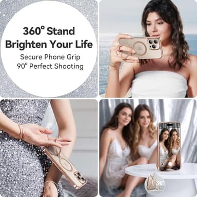 CASEKOO Gold Sparkle 360° Spin Magnetic Stand for iPhone 16 Pro Case, Fit for MagSafe, 16FT Drop Protection, Chic Design for iPhone 16 Pro Case with Built-in Stand, Sparkle Rose Gold - Image 4