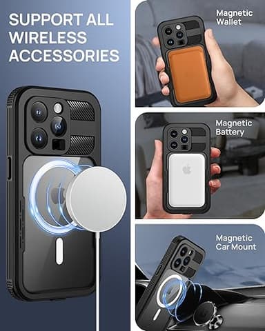 Lanhiem Magnetic for iPhone 15 Pro Max Case, IP68 Waterproof Dustproof Case, [Compatible with Magsafe] [Built-in Screen Protector] Full Body Heavy Duty Rugged Phone Cover 6.7 inch, Black/Clear - Image 3