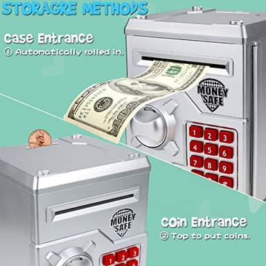 Yoego Kids Money Bank, Electronic Piggy Banks, Great Gift Toy for Kids Children, Auto Scroll Paper Money Saving Box Password Coin Bank,Perfect Toy Gifts for Boys Girls (Silver) - Image 2