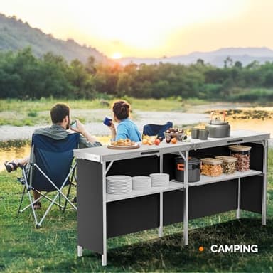 VINGLI 78" Portable Bar Table, 2-Tier Shelves, Mobile Bar Table for Events, Party, Camping, Picnic, Tradeshow, Indoor with Black Skirt - Image 8