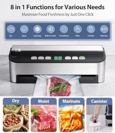 PressFree TRUE-Auto Vacuum Sealer Machine, Beelicious 85KPA Fully Automatic 8-IN-1 Food Sealer with Bags Storage, Build-in Cutter, Moist Mode and Air Suction Hose | Digital Countdown | Sous Vide - Image 4