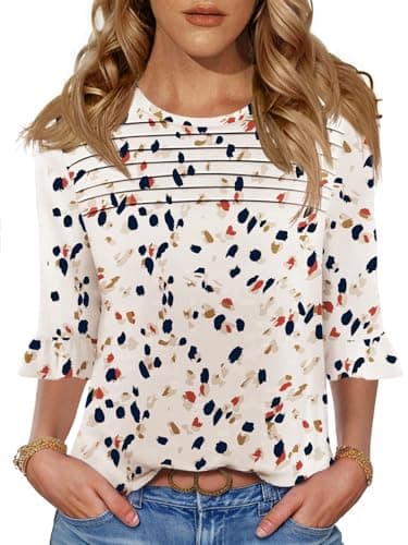Blingfit Blouses for Women Trendy Tops 3/4 Sleeve Shirts Summer Blouse Casual Dressy Basic Floral T-Shirts Lightweight Work Tops M - Image 1