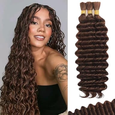 Afihond Human Braiding Hair For Boho Braids Deep Water Wave Human Bulk Hair for Braiding 12A Brazilian Virgin Human Hair Extensions for Boho Braids 3 Bundles/Pack 110g Chocolate Brown 18inch - Image 1