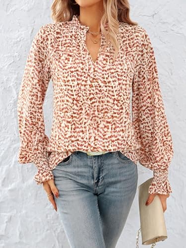 MASCOMODA Womens V Neck Floral Long Sleeve Tops 2025 Summer Casual Loose Puff Sleeve Chiffon Boho Work Blouse Dressy T Shirts(Floral Orange,Large) - Image 3