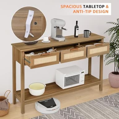 LAZZO Rattan Console Table Boho Entryway Table Narrow Long Sofa Table Hallway Foyer Table Behind Couch Table with 3 Drawers and Open Storage Shelf for Living Room and Corridor Brown - Image 6