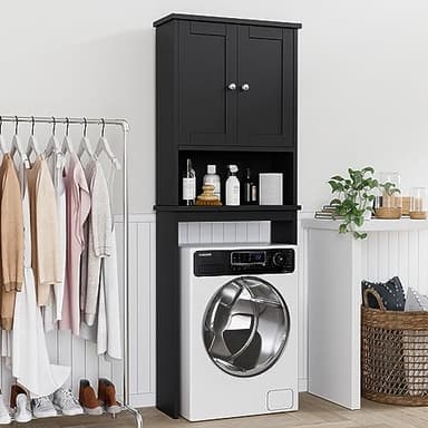 Shintenchi Over The Toilet Storage Cabinet, Bathroom Shelf Organizer with Anti-Tip Device Small Freestanding Space Saver with Adjustable Shelf，Black - Image 3