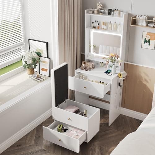 Vabches Make Up Vanity Desk with Mirror and Lights, White Vanity Table Set with Charger Station,Girls Small Vanity and Storage Chair - Image 1