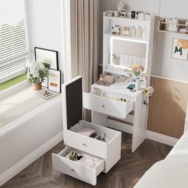 Vabches Make Up Vanity Desk with Mirror and Lights, White Vanity Table Set with Charger Station,Girls Small Vanity and Storage Chair - Image 1