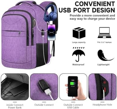 Lapsouno Travel Backpack, Travel Laptop Backpack, Multiple Pockets 15.6 Inch Carry on Backpack with USB Port, TSA Friendly Water Resistant College School Business Bag for Women, Purple - Image 5