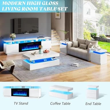 AMERLIFE Fireplace TV Stand with 40" Fireplace, 80" Modern High Gloss Fireplace Entertainment Center LED Lights, 2 Tier TV Console Cabinet for TVs Up to 90", Ivory White - Image 7