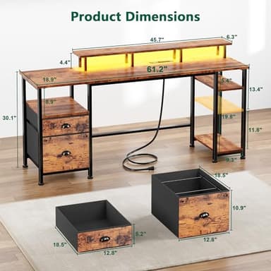 Furologee 61" Computer Desk with Power Outlet and LED Lights, Desk with Fabric File Cabinet Drawer, Large Reversible Table with Shelves and Monitor Stand, Writing Study Table for Home Office - Image 2