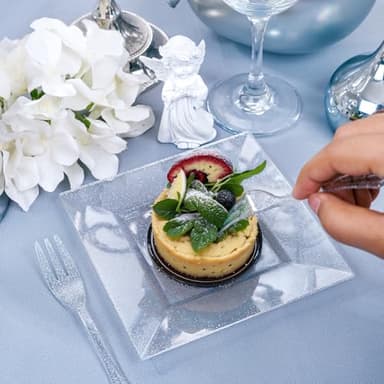 DaYammi 100Pcs Silver Dessert Plates Including 50Pcs Appetizer Plates 6",50Pcs Plastic Forks 5.7",Silver Glitter Plastic Square plate for Wedding,silver Salad plates and Cake Forks for Birthday Party - Image 5