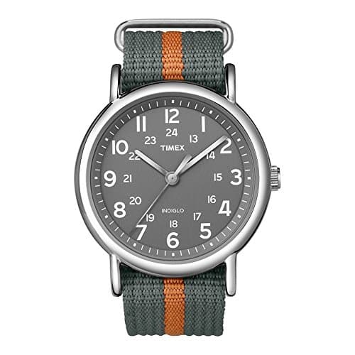Timex Unisex Weekender 38mm Watch – Silver-Tone Case Gray Dial with Gray & Orange Fabric Slip-Thru Strap