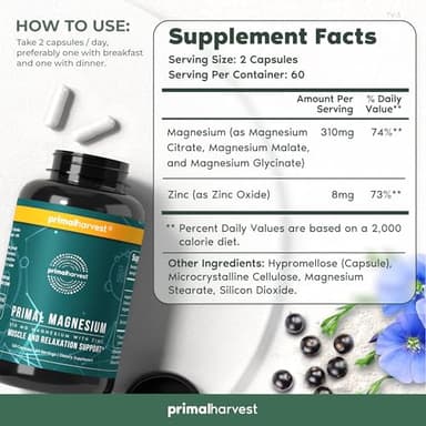 Magnesium Supplement Complex 310mg by Primal Harvest with Magnesium Glycinate, Citrate, Malate, and Zinc 120 Capsules - Image 3