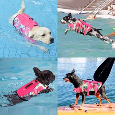 Mklhgty Hawaiian Dog Life Jacket - Adjustable Ripstop Vest with Rescue Handle for Swimming Boating, High-Flotation Safety Device for Small Medium Large Dogs (Floral Pink, XL) - Image 5