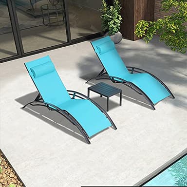 Purple Leaf Patio Chaise Lounge Set of 3 Outdoor Lounge Chair Beach Pool Sunbathing Lawn Lounger Recliner Chiar Outside Tanning Chairs with Arm for All Weather, Side Table Included, Turquoise Blue - Image 3
