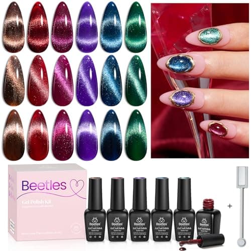 Beetles Cat Eye Gel Nail Polish Set, 6 Colors Glitter Red Pink Shiny Brown Burgundy Purple Blue Green Magnetic Effect Sparkle Stunning Nail Gel Polish Kit Soak Off UV Manicure Gifts for Women - Image 1