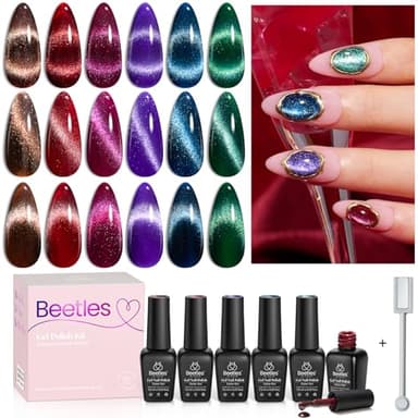 Beetles Cat Eye Gel Nail Polish Set, 6 Colors Glitter Red Pink Shiny Brown Burgundy Purple Blue Green Magnetic Effect Sparkle Stunning Nail Gel Polish Kit Soak Off UV Manicure Gifts for Women - Image 1