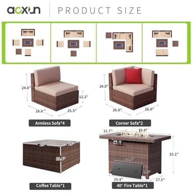 Aoxun 8PCS Patio Furniture Set with 40" Fire Pit Table Outdoor Sectional Sofa Sectional Wicker Furniture Set with Coffee Table for Patio Garden(8 PCS Brown) - Image 8