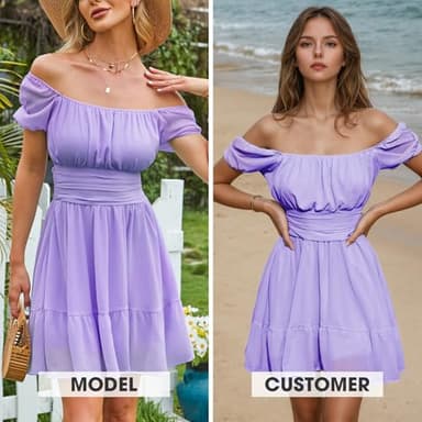 EXLURA Women's 2024 Summer Short Puff Sleeve Casual Short Mini Dress Tie Back Square Neck A-Line Sundress Lilac Purple - Image 2