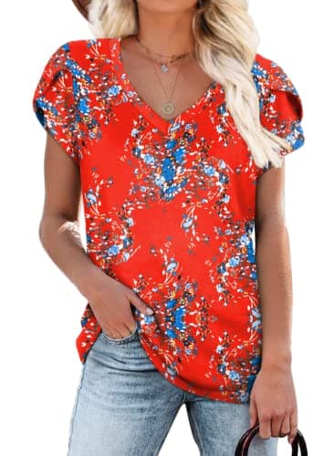 WIHOLL Beach Vacation Clothes for Women Floral Print Tops for Women Vintage Summer Blouse Casual Red S - Image 1