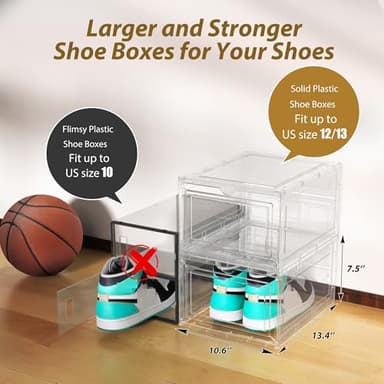 Mitees 10 Pack XX Large Thicken Sturdy Hard Plastic Clear Stackable Shoe Storage Boxes for Size 12, Sneaker Shoe Rack Containers Holders Bins Display Case Organizer for Closet, White - Image 5