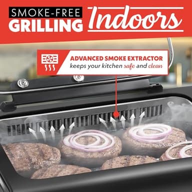 Gourmia Smokeless Indoor Grill & Air Fryer with Recipe Book – Electric Grill for Indoor Use, 5‑in‑1 Countertop Cooker, Cast-Iron Grate, 1650W, Glass Lid, Dishwasher-Safe Plates - Image 2