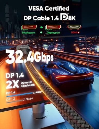 Capshi 8K 4K DisplayPort Cable 1.4, 10FT DP Cord (VESA Certified, 8K@60Hz, 4K@144Hz, 2K@240Hz/165Hz), 32.4Gbps High Speed Display Port Cable for Gaming Monitor, HDR/FreeSync/G-Sync, Braided, Black - Image 3
