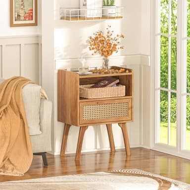 Lerliuo Rattan Nightstands Set of 2, Side Table with Drawer, Cane Accent Bedside End Table with Solid Wood Legs, Mid Century Modern Night Stand for Bedroom, Dorm and Small Spaces (Tea Brown) - Image 8