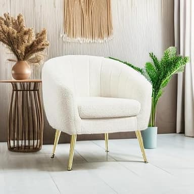 Yaheetech Sherpa Fabric Accent Chair, Modern Cozy Vanity Chair with Gold Metal Legs, Boucle Fabric Armchair with Removable Seat Cushion for Living Room Bedroom Office Guest Room, Ivory - Image 5