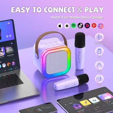 【2025 Newest】 Mini Karaoke Machine for Kids Girls & Boys - Portable Bluetooth Speaker with 2 Wireless Microphones - Kids Birthday Gifts for Ages 4-10 - Kids' Instrument Accessories - Purple - Image 4