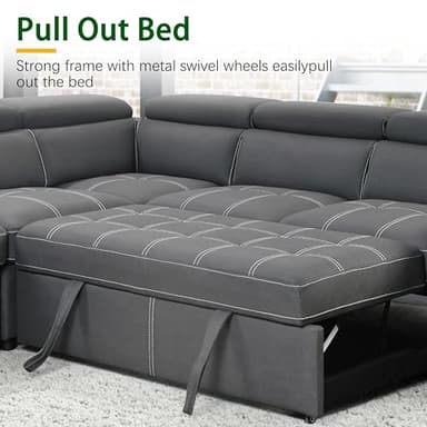 THSUPER 104'' Microfiber L Shaped Sectional Sleeper Sofa Couch with Pull Out Bed and Storage Ottoman, Convertible Couches with Adjustable Headrest for Living Room, Right Facing Chaise. Charcoal Grey - Image 7